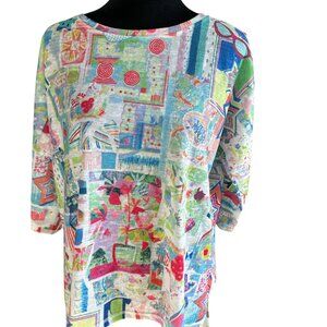 Ali Miles 1X Multicolor Playful Von Maur Pattern Short Sleeve Oversized Shirt